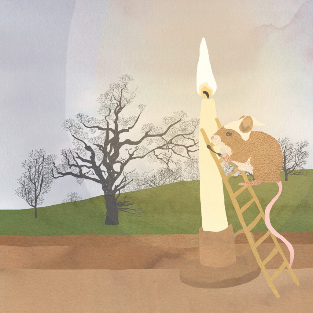 Illustration of a mouse lighting a candle at dusk.