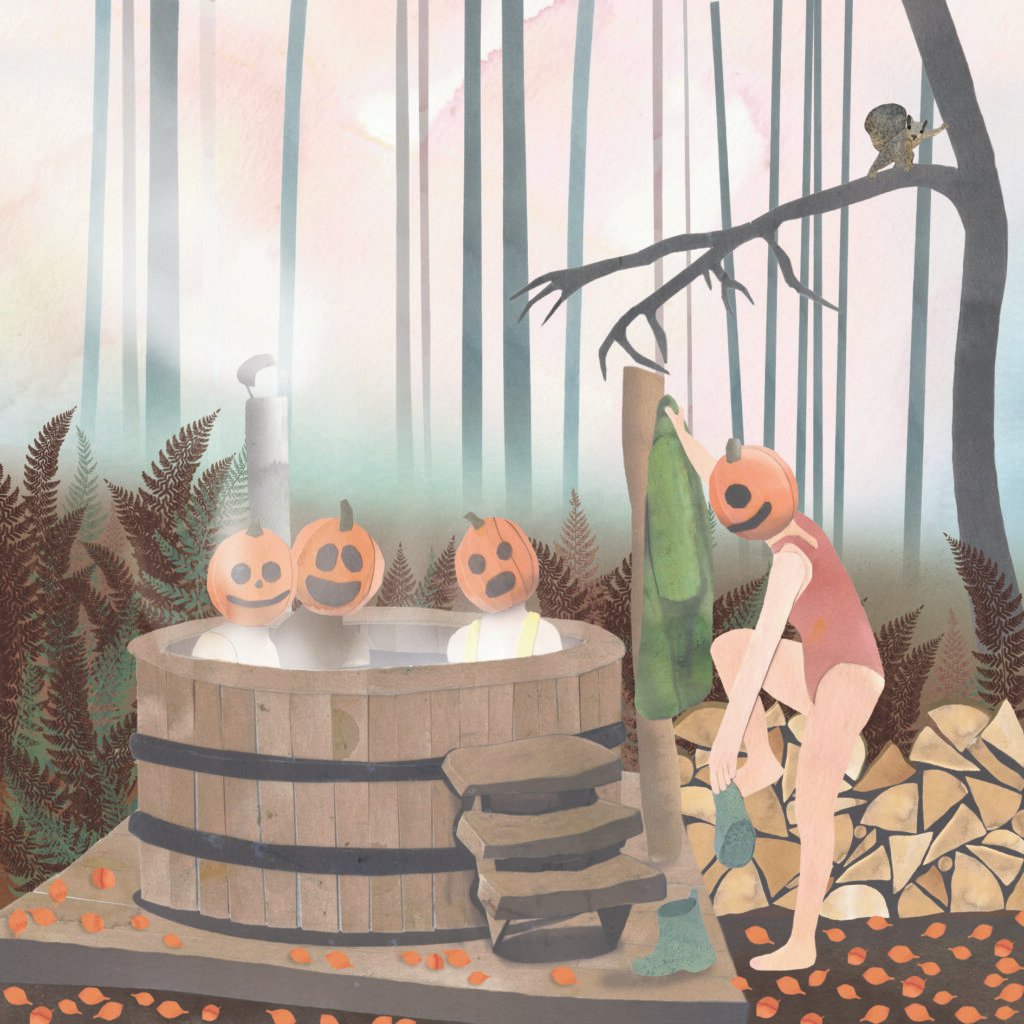 Illustration of an autumn scene in a hot tub. Characters have pumpkins on their head.