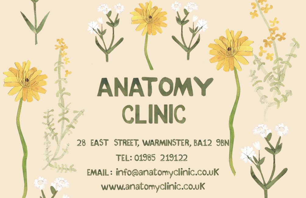 Business card for the Anatomy Clinic featuring local flora illustrations, showcasing various indigenous flowers from the surrounding area.