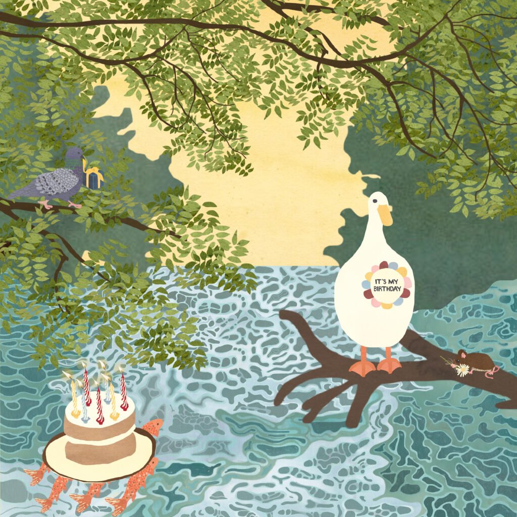 Illustration of a duck's birthday, fish are carrying a birthday cake, and forest animals are bringing presents.