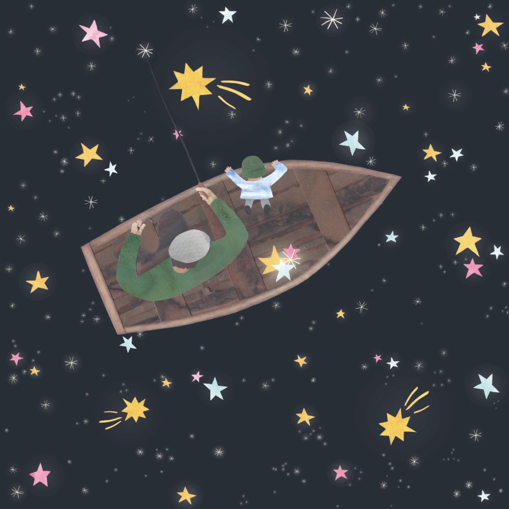 Illustration of father and child fishing for stars.