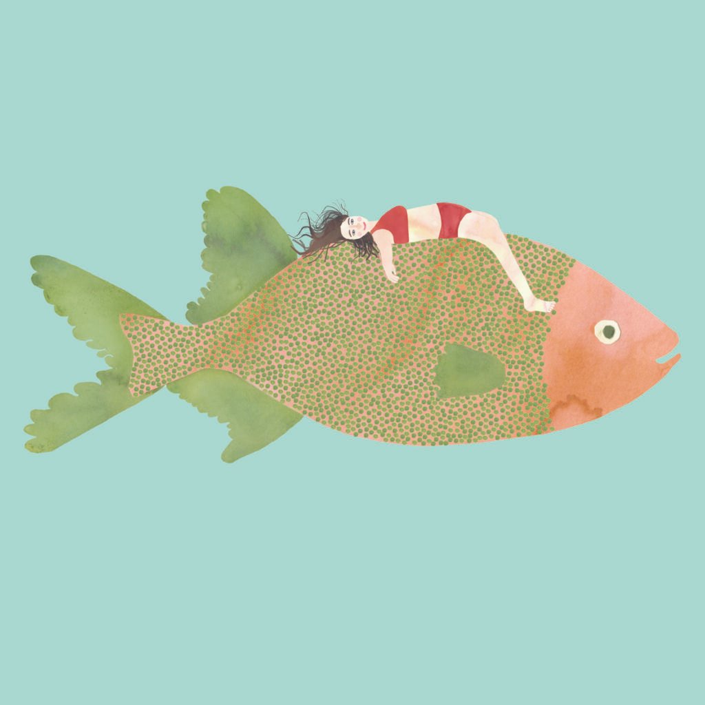 Illustration of a girl lying on a fish.