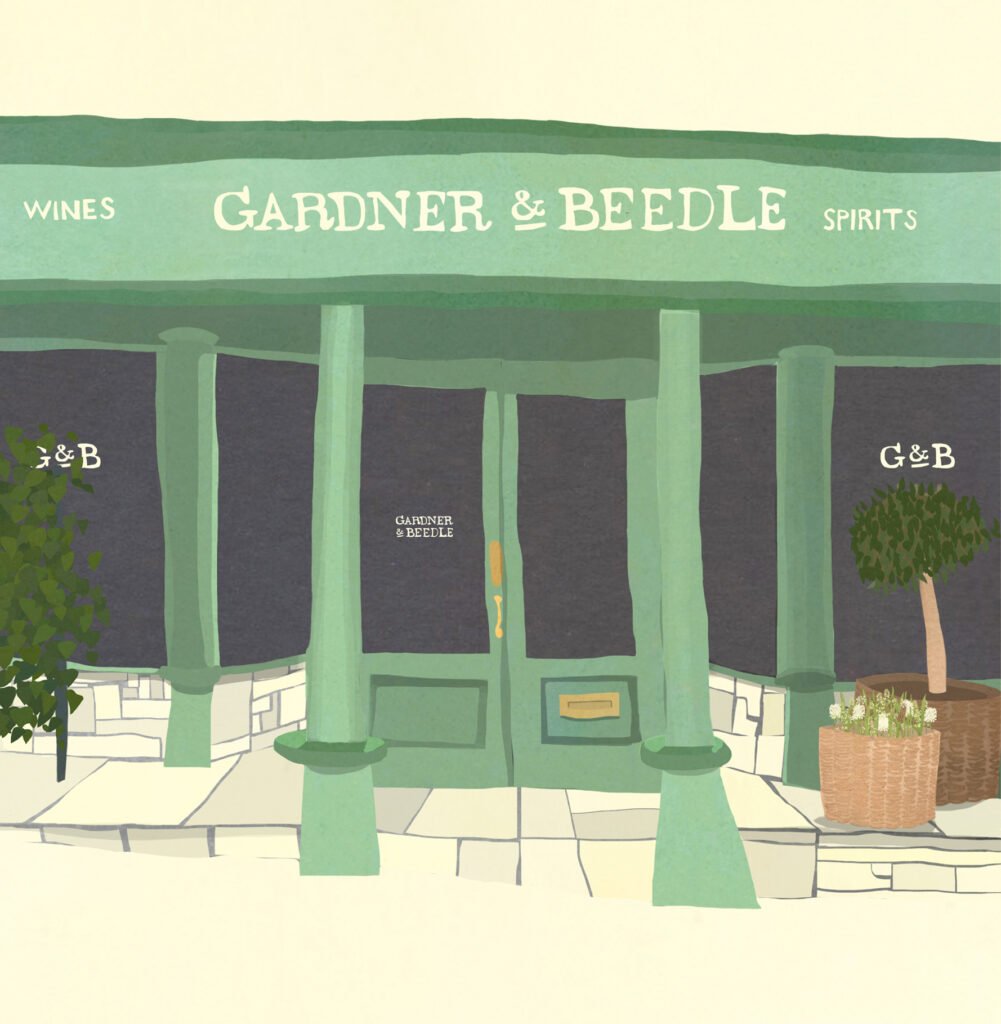 Illustration of the shopfront of Gardner and Beedle.