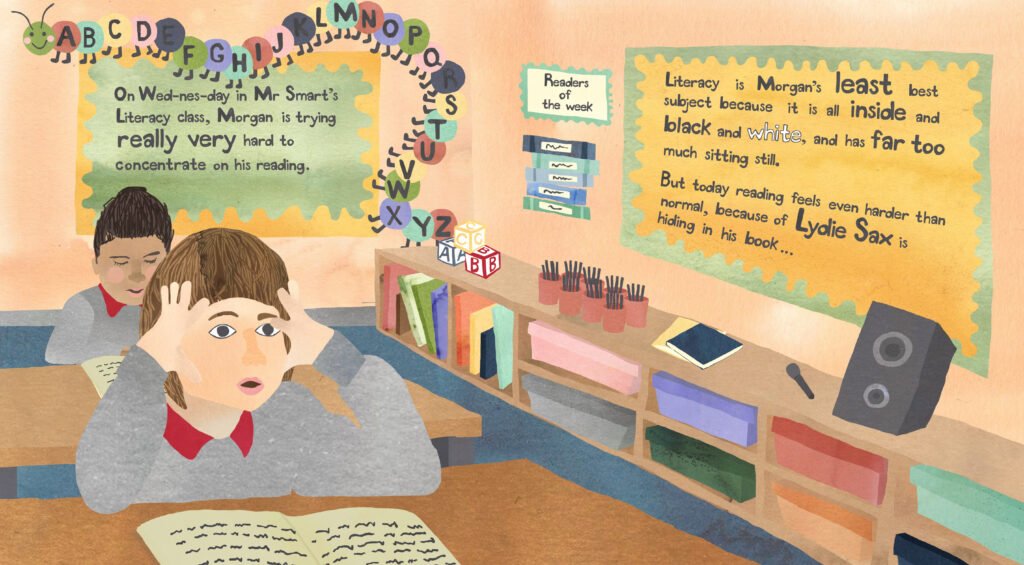Illustration depicting Morgan, a frustrated student, seated in a classroom setting, as portrayed in the children's book titled 'The Problem with Lydie Sax.'