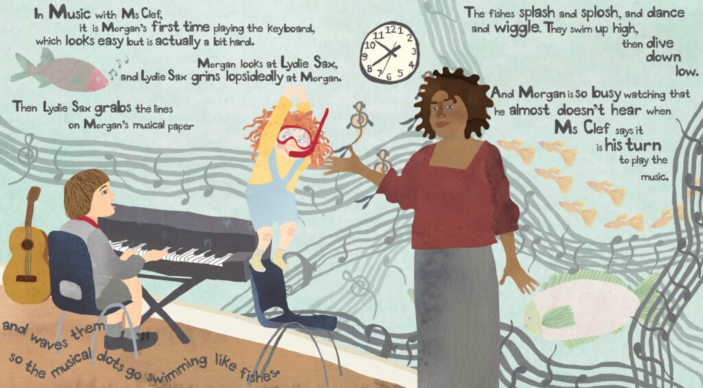 Illustration from children's book 'The Problem with Lydie Sax,' music class.