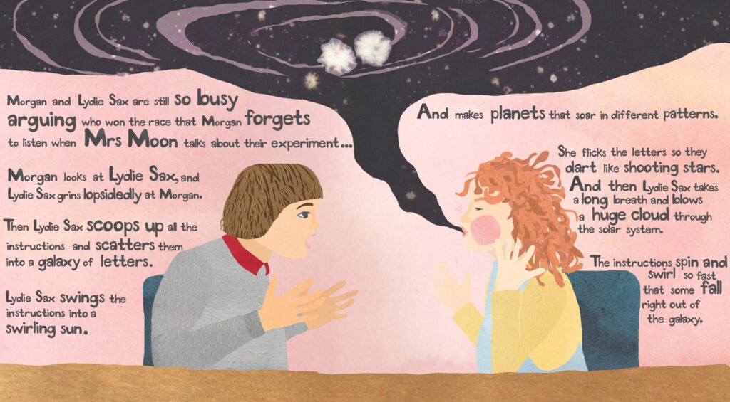 Illustration from the children's book 'The Problem with Lydie Sax,' Morgan and Lydie are talking.