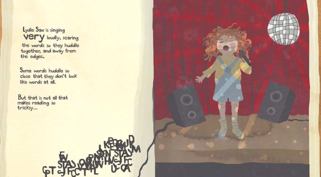 Illustration from children's book The Problem with Lydie Sax. Lydie is singing.