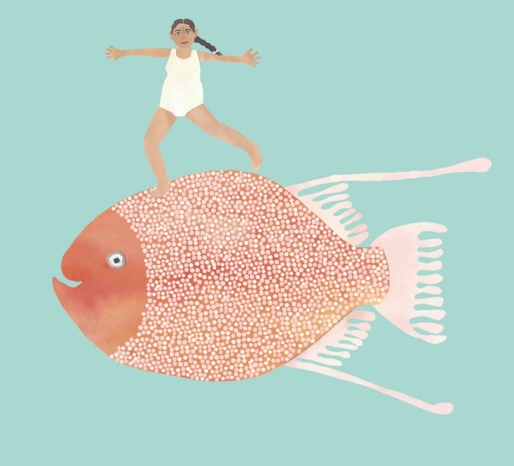 Illustration of a girl standing on a fish.