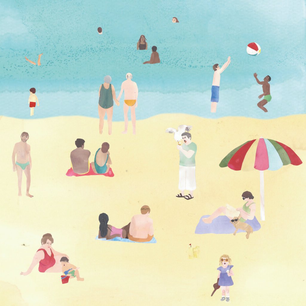 Illustration of a British beach scene.