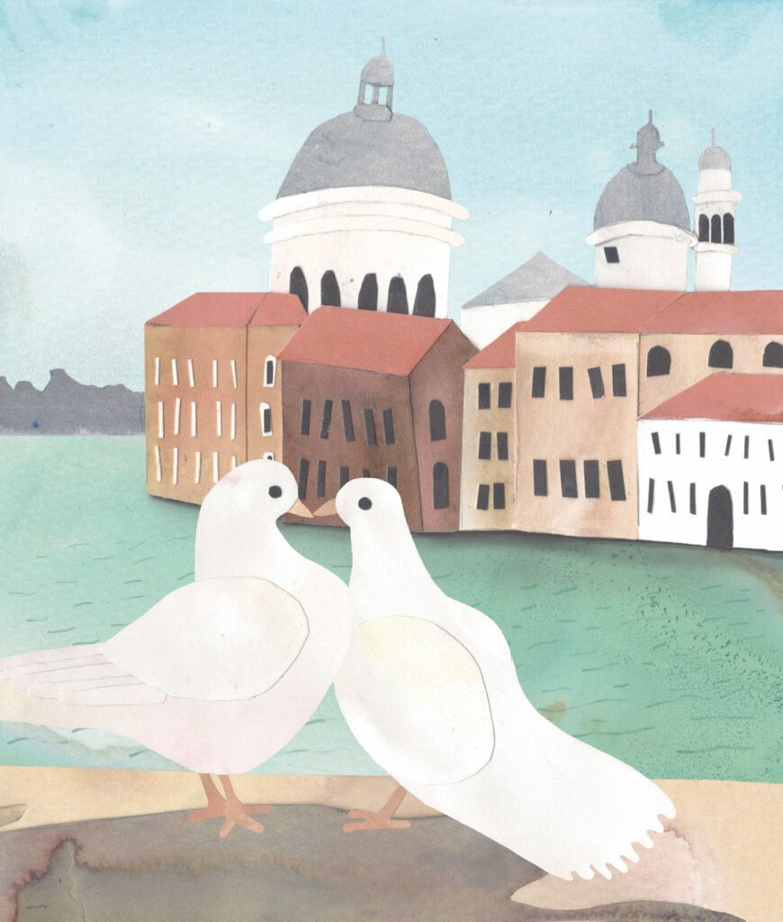 Illustration of two doves in Venice.