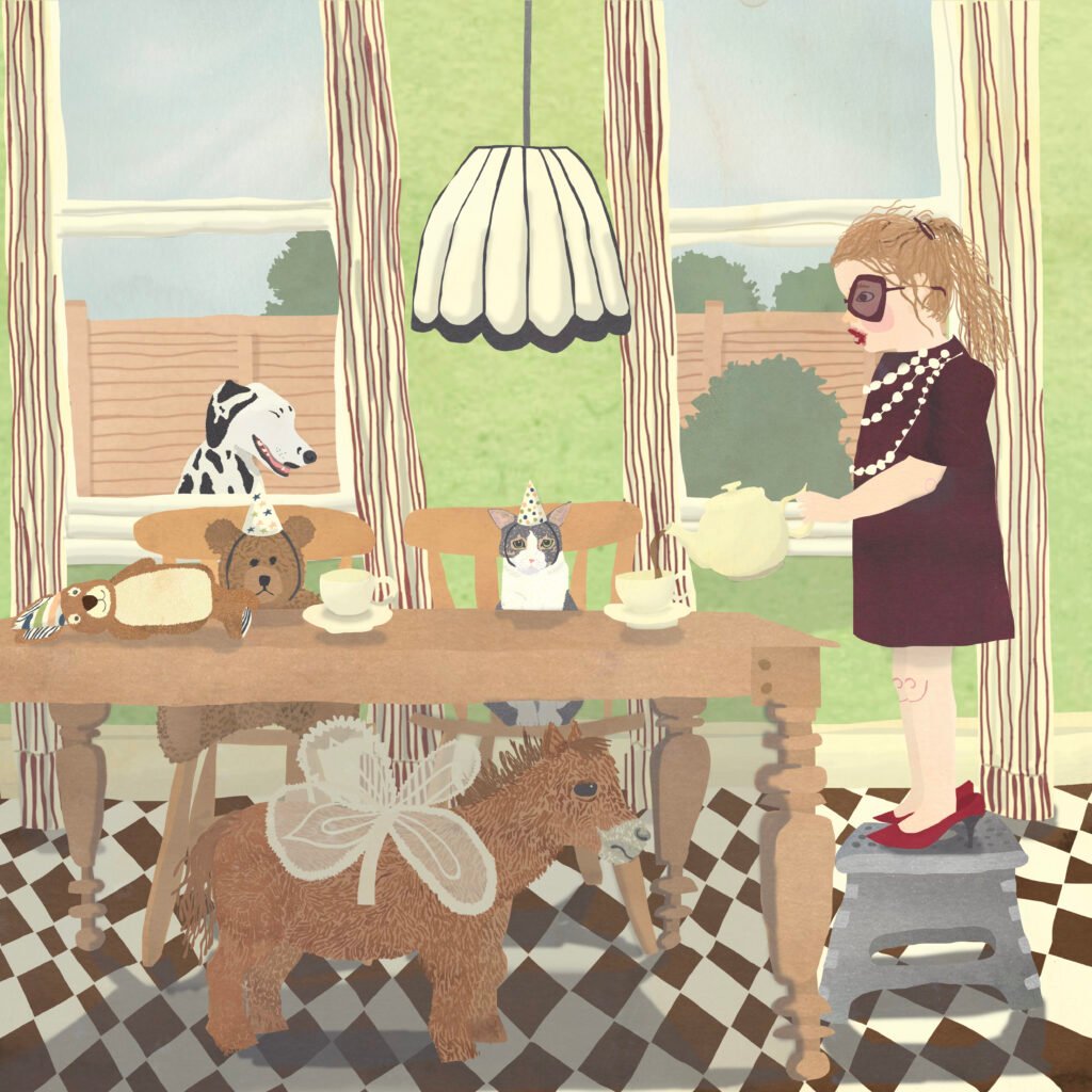 Illustration of a little girl dressed up in her mother's clothes having a tea party with her pets. Dog is laughing outside.