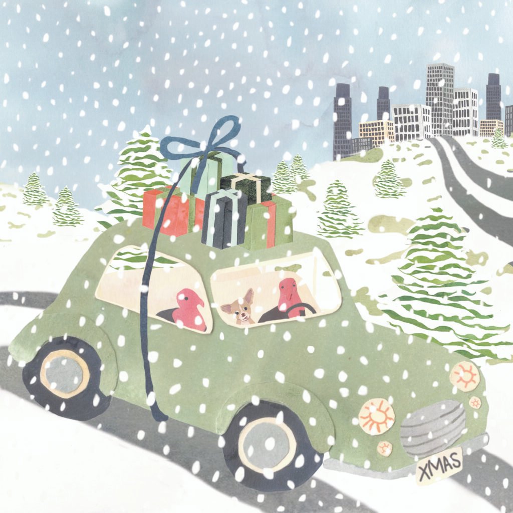 Illustration of turkey driving home for Christmas.