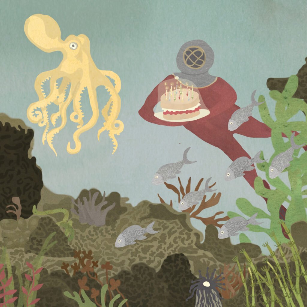 Illustration of a scuba diver in the coral reef with a cake and marine animals.
